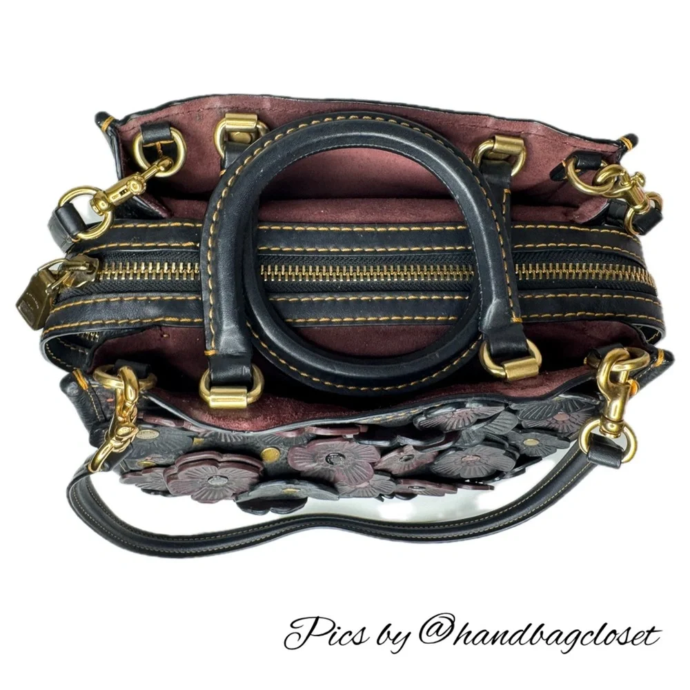 Coach Rogue 25 Black Red Tearose Flower Floral Glovetanned Leather Satchel Bag - Picture 3 of 15